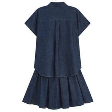 クラシカル半袖デニムシャツ&プリーツミニスカート スクール風きれいめレトロセットアップ(上下別売り)