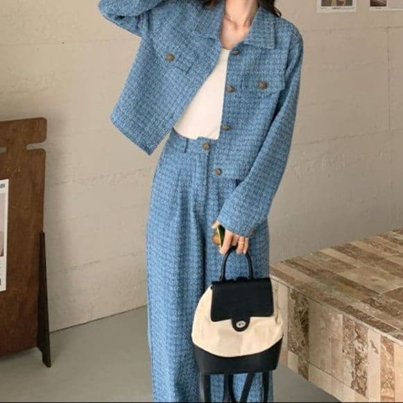 チェック柄デニムショートジャケット×ワイドロングパンツ ゆったり細見え 上品垢抜けセットアップ