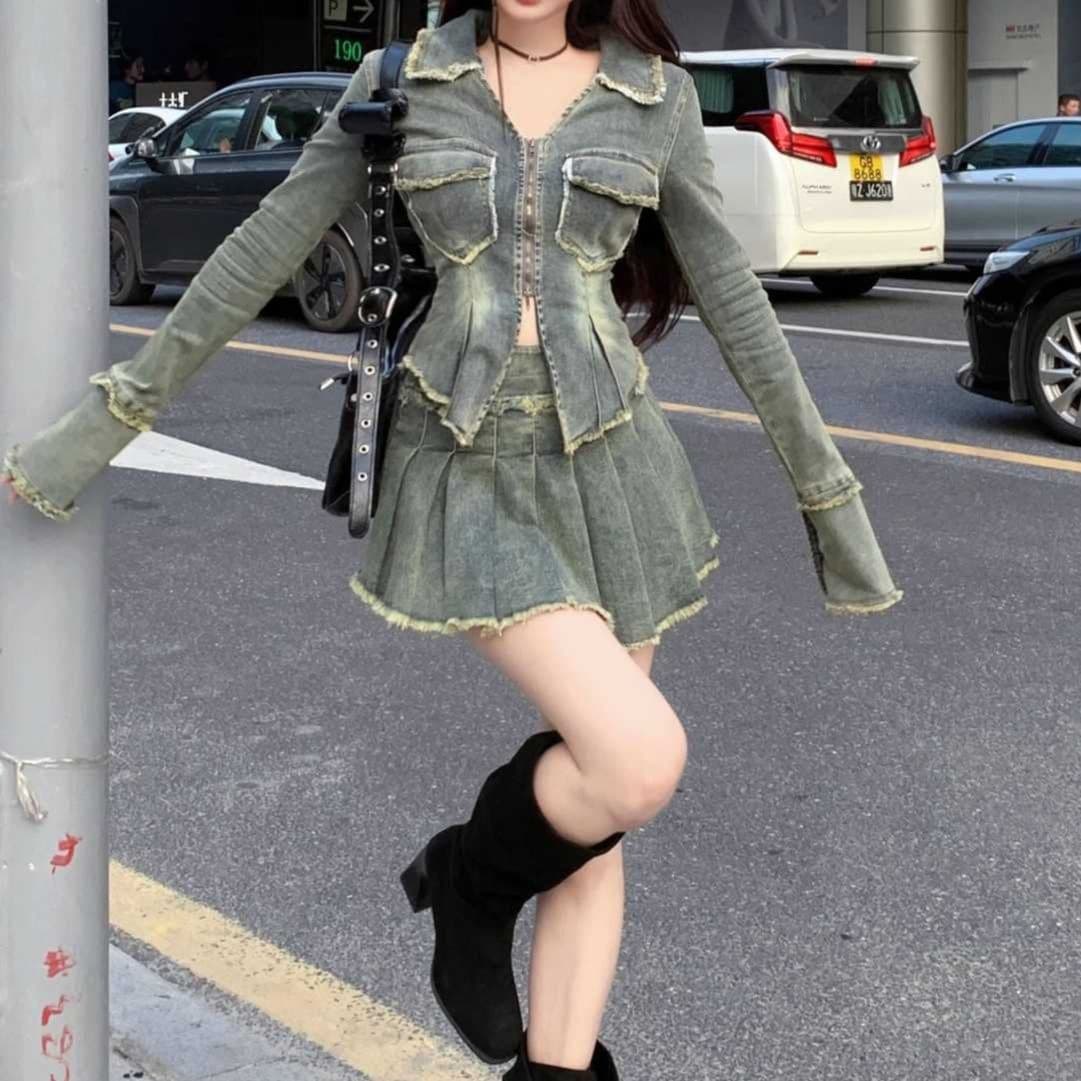 フリンジ装飾ウエストマークデニムジャケット×ハイウエストプリーツミニスカート 韓国ギャル風ガーリーカジュアルセットアップ