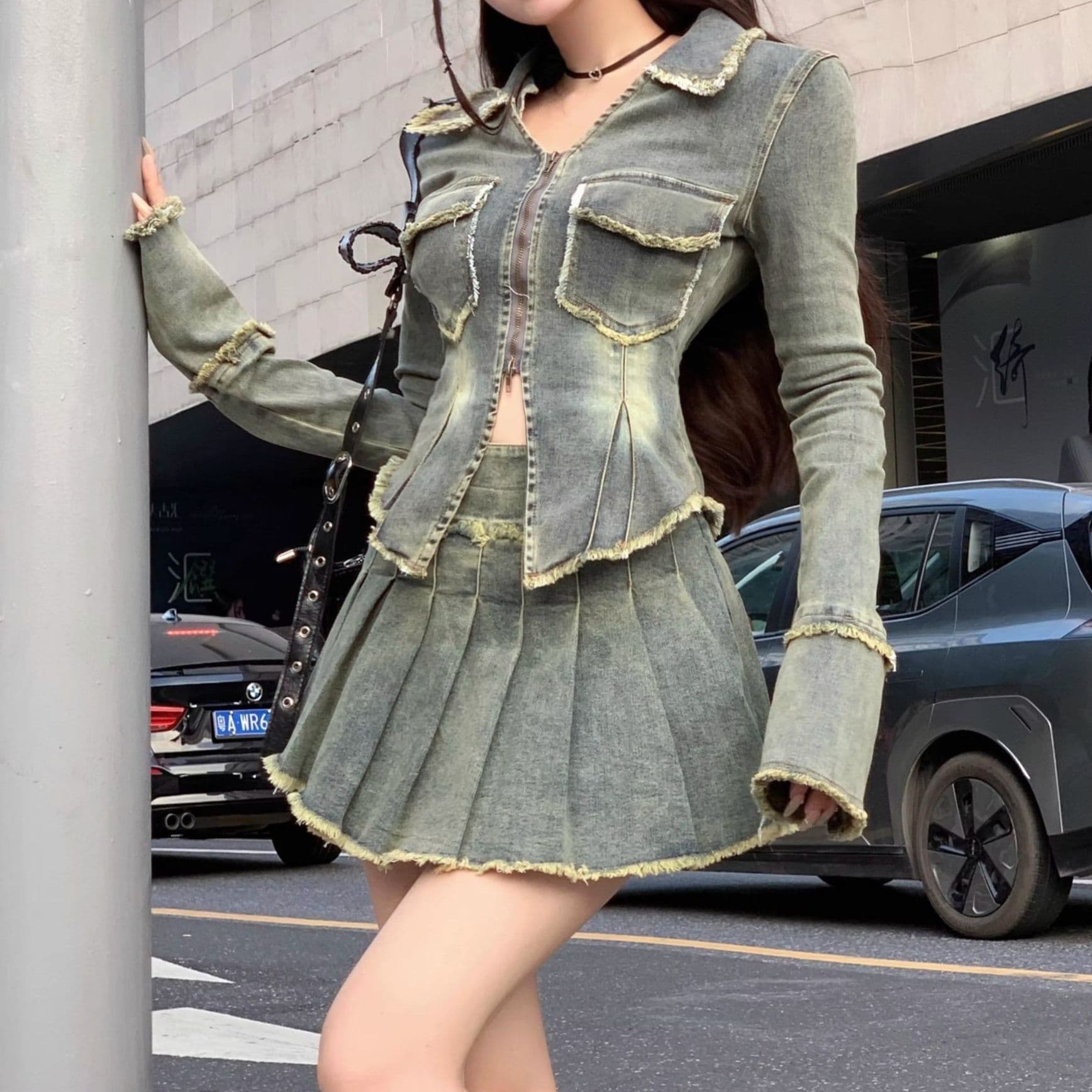 フリンジ装飾ウエストマークデニムジャケット×ハイウエストプリーツミニスカート 韓国ギャル風ガーリーカジュアルセットアップ