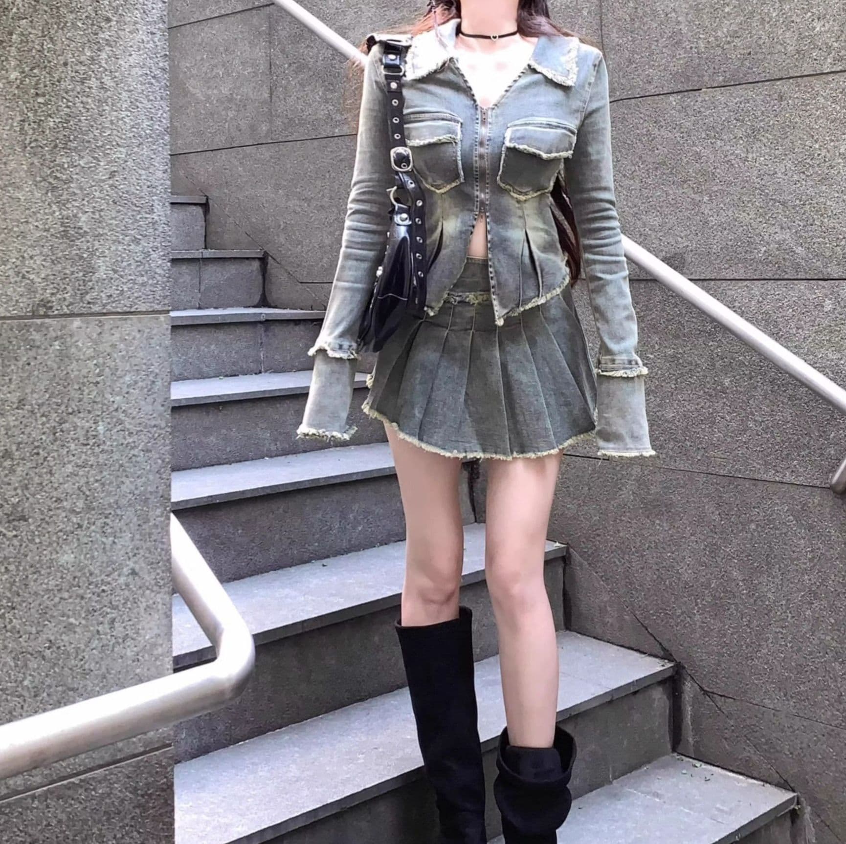 フリンジ装飾ウエストマークデニムジャケット×ハイウエストプリーツミニスカート 韓国ギャル風ガーリーカジュアルセットアップ
