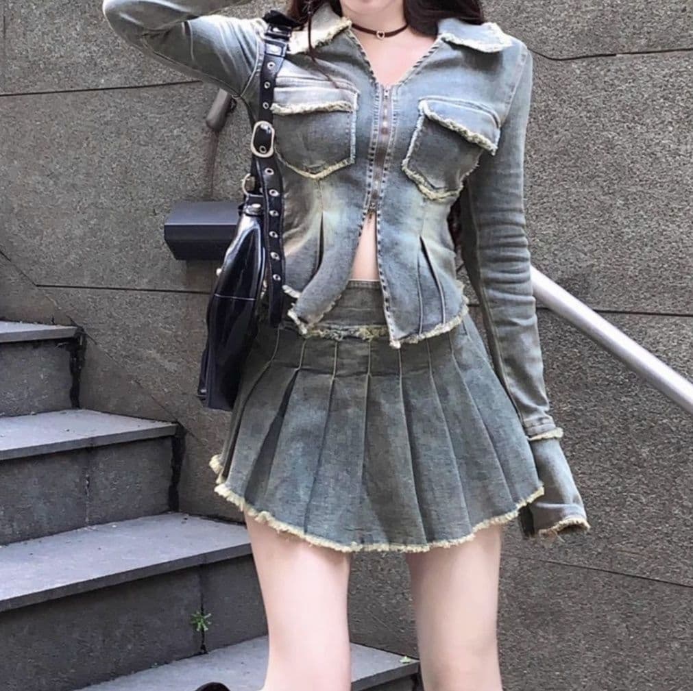 フリンジ装飾ウエストマークデニムジャケット×ハイウエストプリーツミニスカート 韓国ギャル風ガーリーカジュアルセットアップ