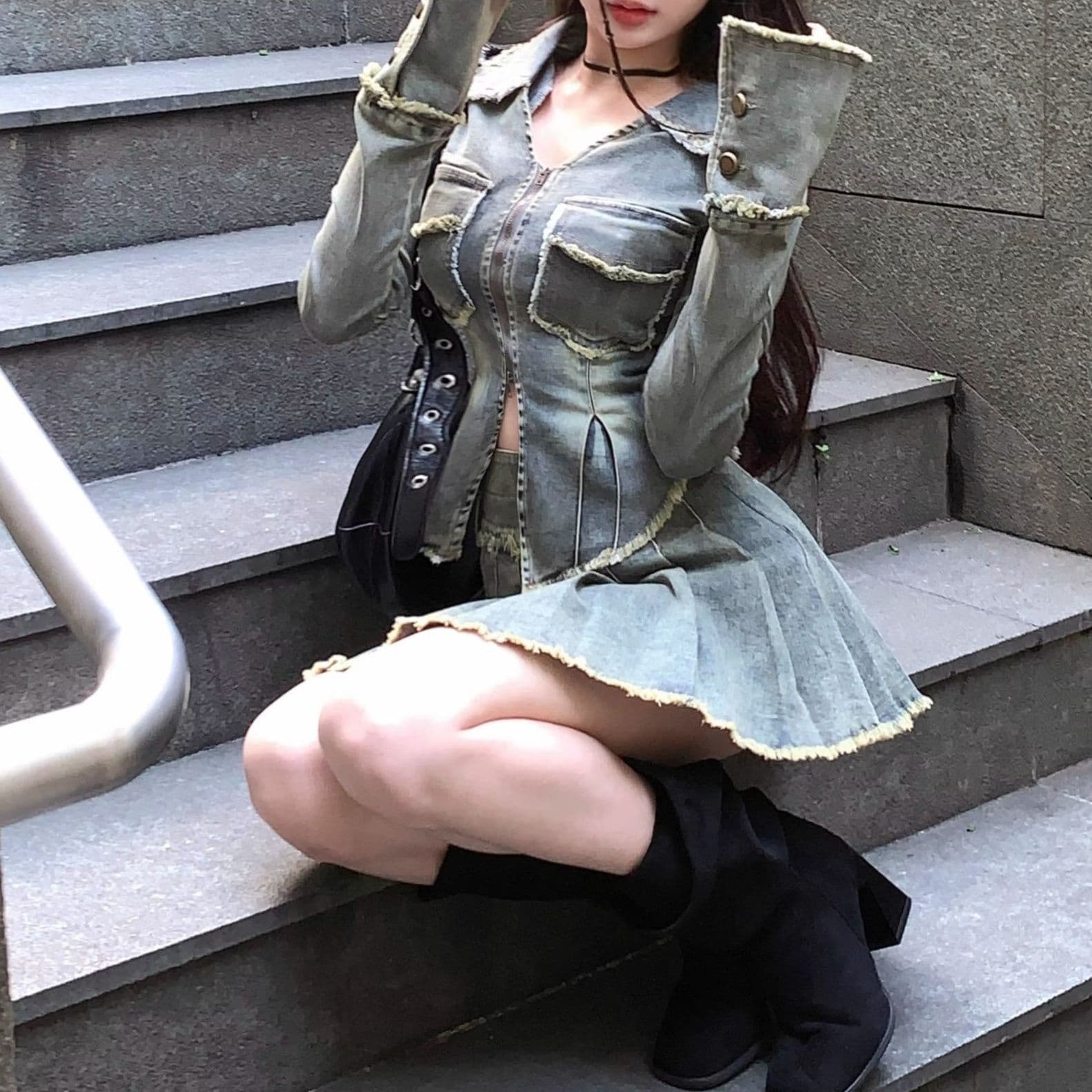 フリンジ装飾ウエストマークデニムジャケット×ハイウエストプリーツミニスカート 韓国ギャル風ガーリーカジュアルセットアップ