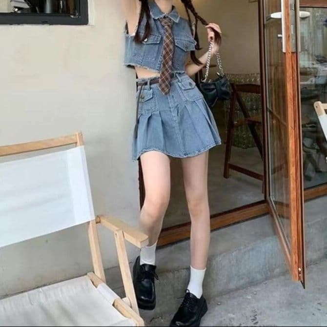 デニムセットアップ ノースリーブクロップドトップス×プリーツミニスカート スクールガーリー2点セット