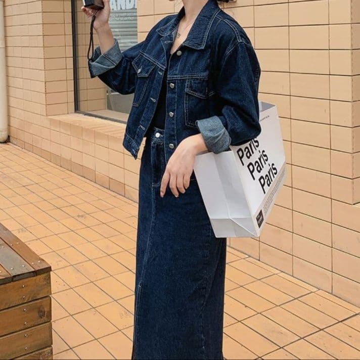 デニムセットアップ 香港風デニムジャケット×フロントスリットミディスカート 塩系カジュアル上下セット