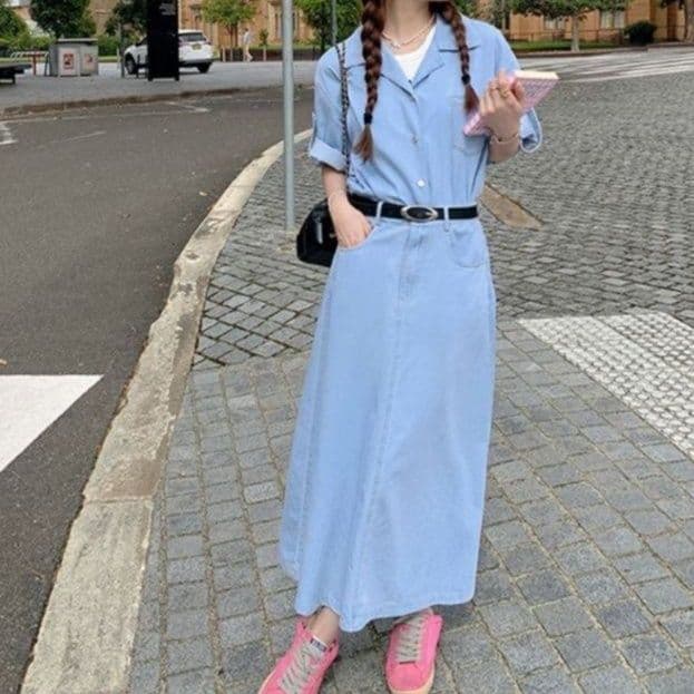 ゆったり半袖デニムシャツ+フレアロングスカート 夏向け ほの甘塩系華奢見えセットアップ