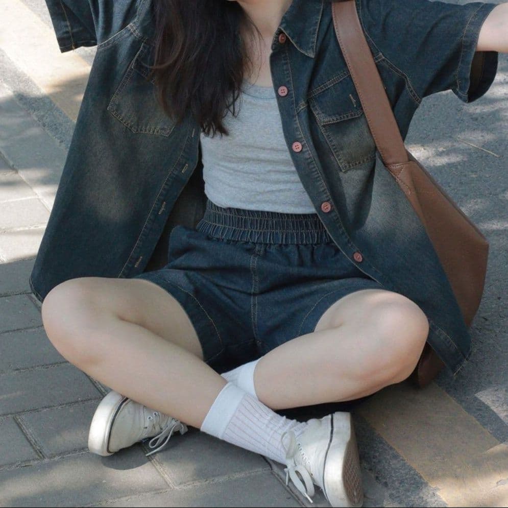 デニムセットアップ ヴィンテージ風半袖シャツ&ウエストゴムショートパンツ 夏向けゆるカジュアルセット