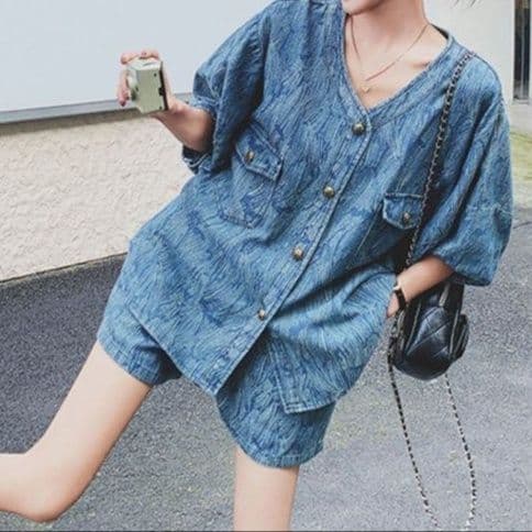 デニムセットアップ 香港風レトロ半袖シャツ&ショートパンツ 夏の細見えツーピース