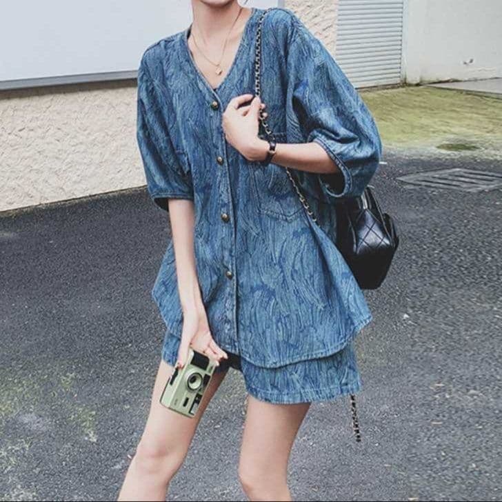 デニムセットアップ 香港風レトロ半袖シャツ&ショートパンツ 夏の細見えツーピース