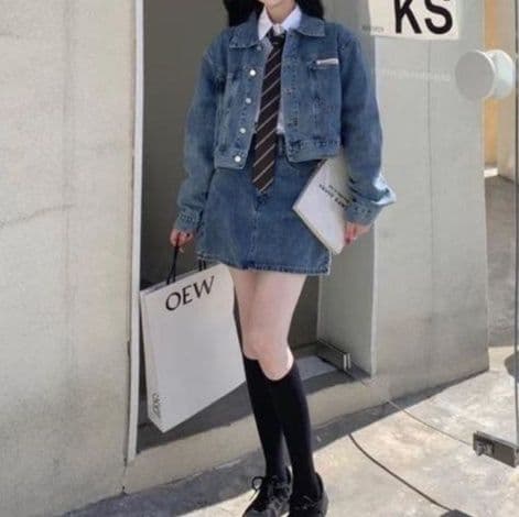 クラシカルショート丈デニムジャケット×ミニスカート 制服風クールガーリーセットアップ