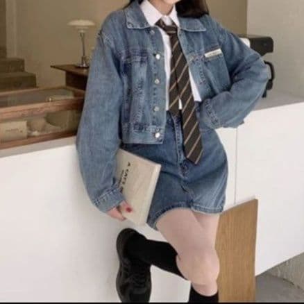 クラシカルショート丈デニムジャケット×ミニスカート 制服風クールガーリーセットアップ