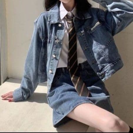 クラシカルショート丈デニムジャケット×ミニスカート 制服風クールガーリーセットアップ