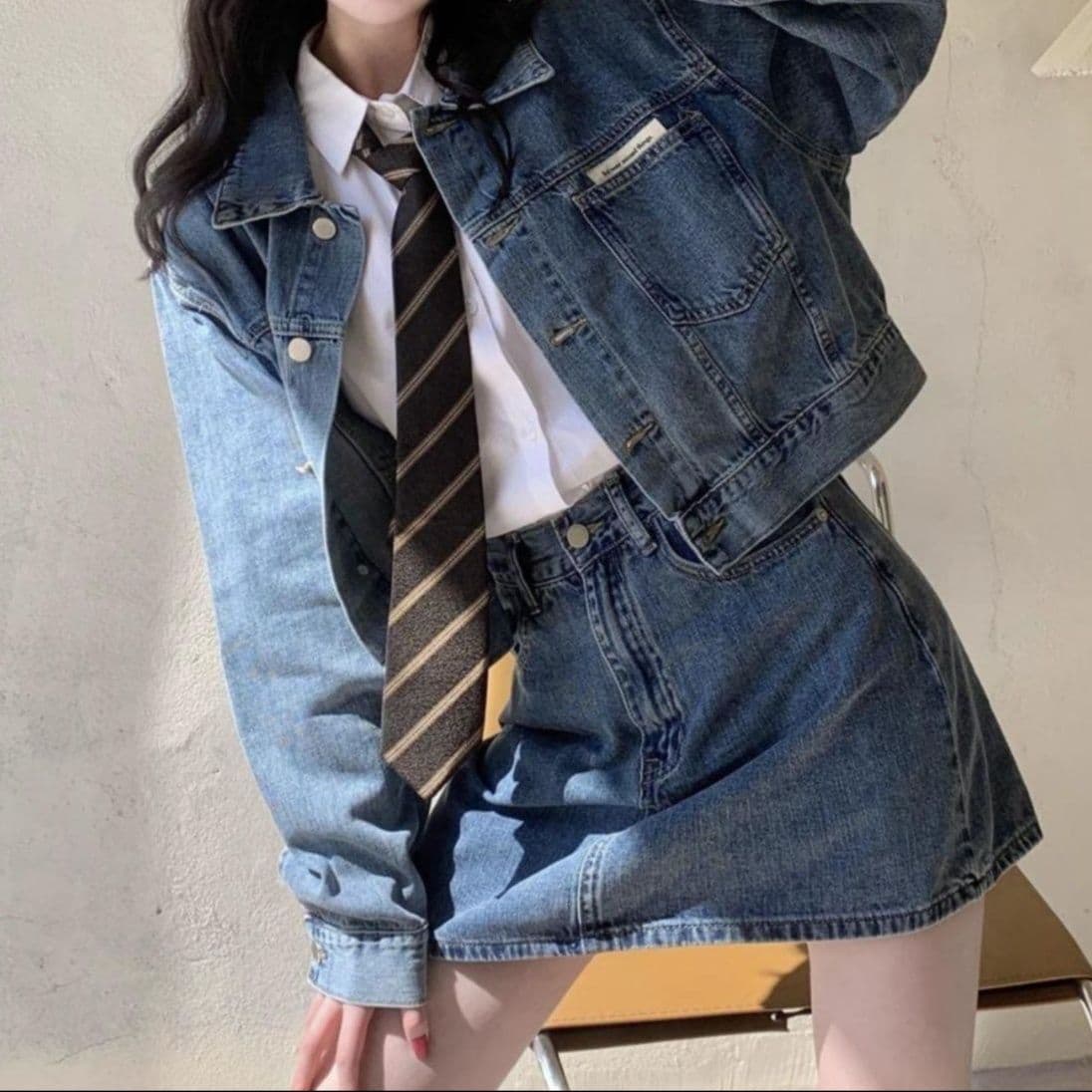 クラシカルショート丈デニムジャケット×ミニスカート 制服風クールガーリーセットアップ