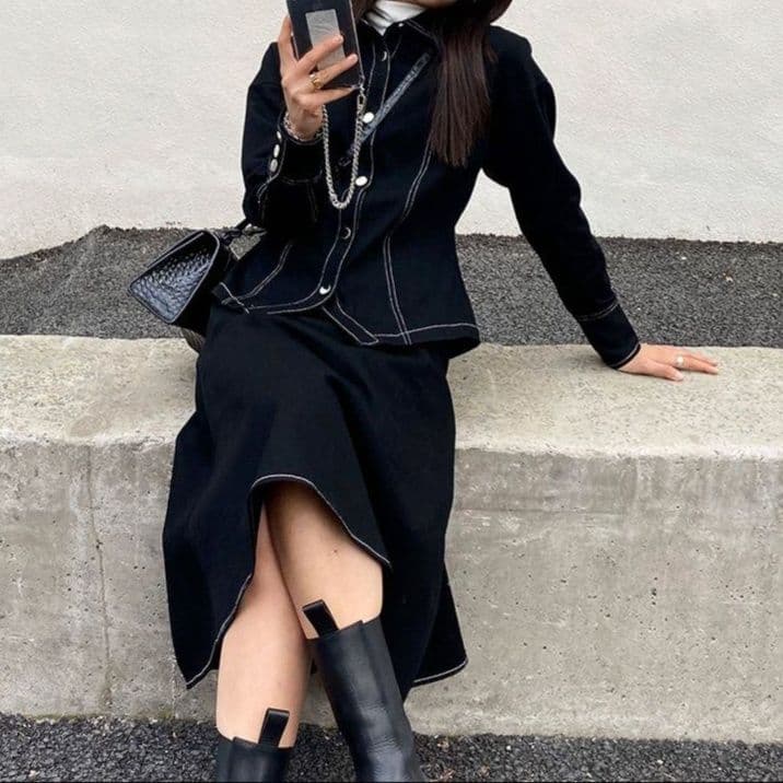 ウエストシェイプシャツジャケット&フレアミディスカート 塩系モダンなダークデニムセットアップ(上下別売り)