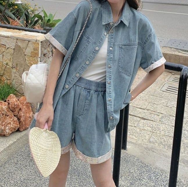 デニムセットアップ レース装飾半袖シャツ&ワイドショートパンツ レトロフェミかわ2点セット