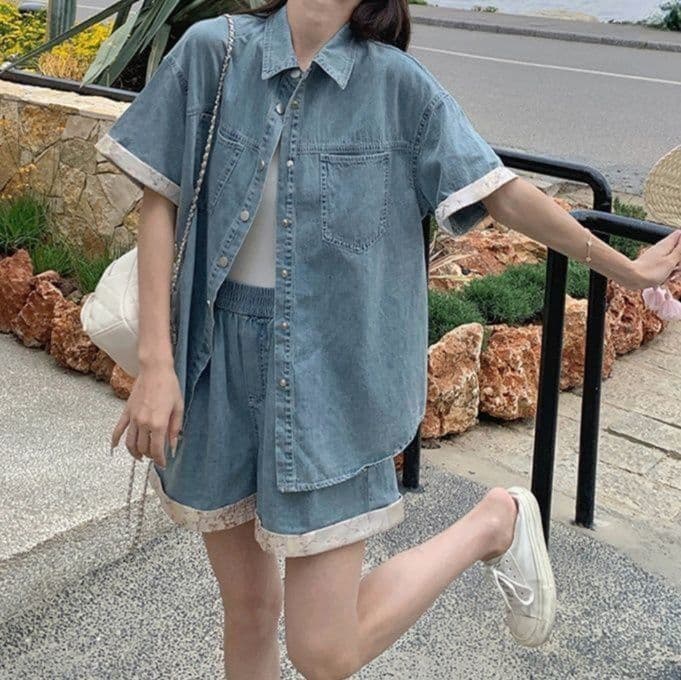 デニムセットアップ レース装飾半袖シャツ&ワイドショートパンツ レトロフェミかわ2点セット