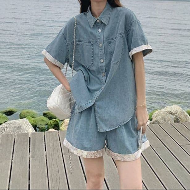 デニムセットアップ レース装飾半袖シャツ&ワイドショートパンツ レトロフェミかわ2点セット