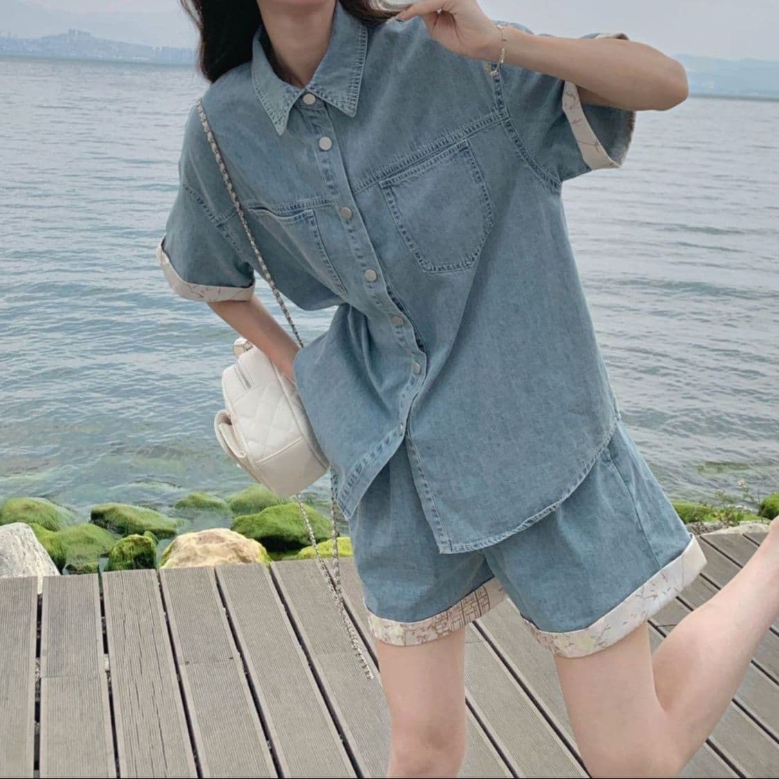 デニムセットアップ レース装飾半袖シャツ&ワイドショートパンツ レトロフェミかわ2点セット