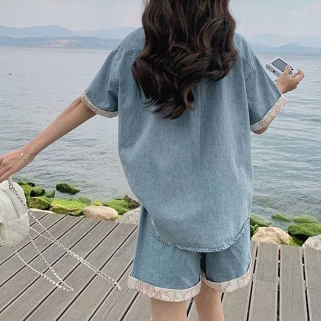 デニムセットアップ レース装飾半袖シャツ&ワイドショートパンツ レトロフェミかわ2点セット