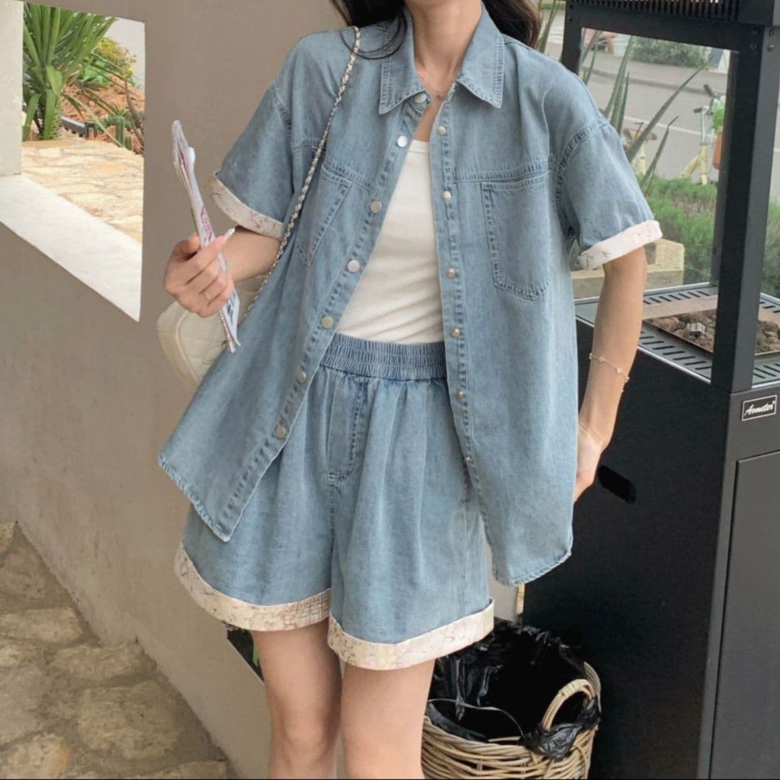 デニムセットアップ レース装飾半袖シャツ&ワイドショートパンツ レトロフェミかわ2点セット