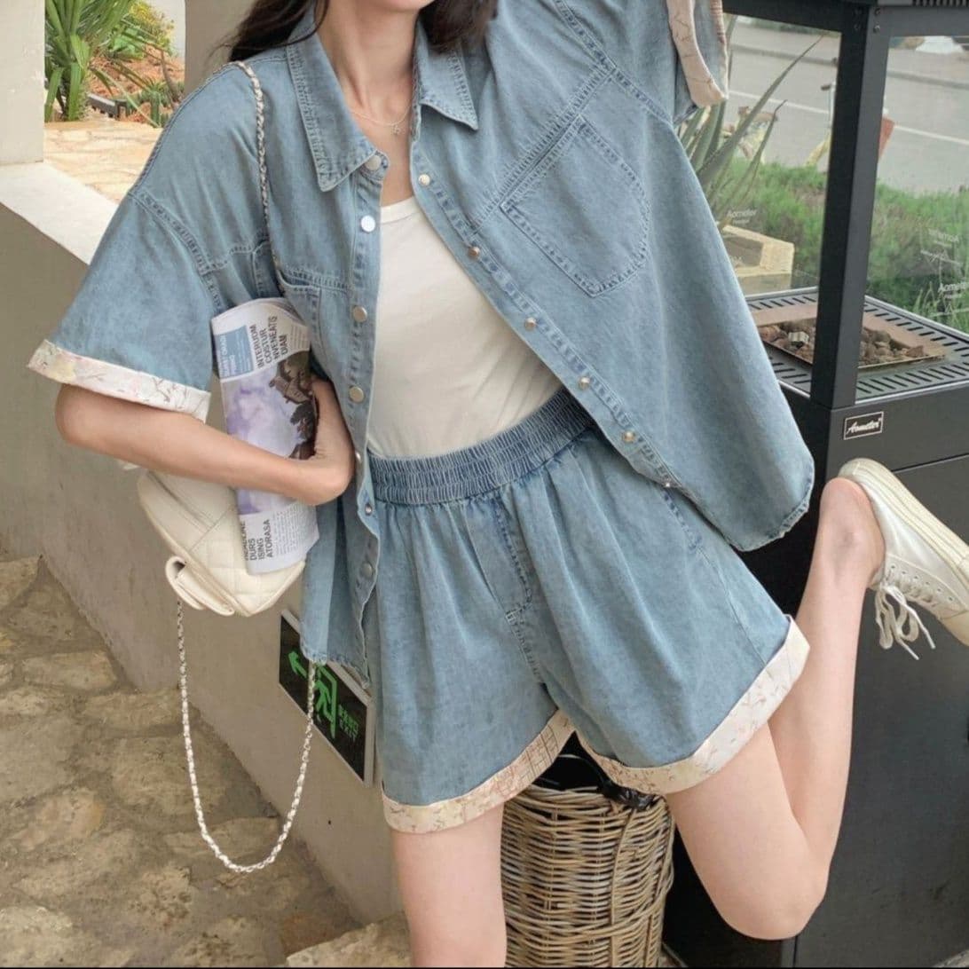 デニムセットアップ レース装飾半袖シャツ&ワイドショートパンツ レトロフェミかわ2点セット