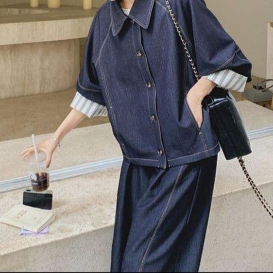 デニムセットアップ ストライプ切替ジャケット&ワイドパンツ 韓国風高見え2点セット
