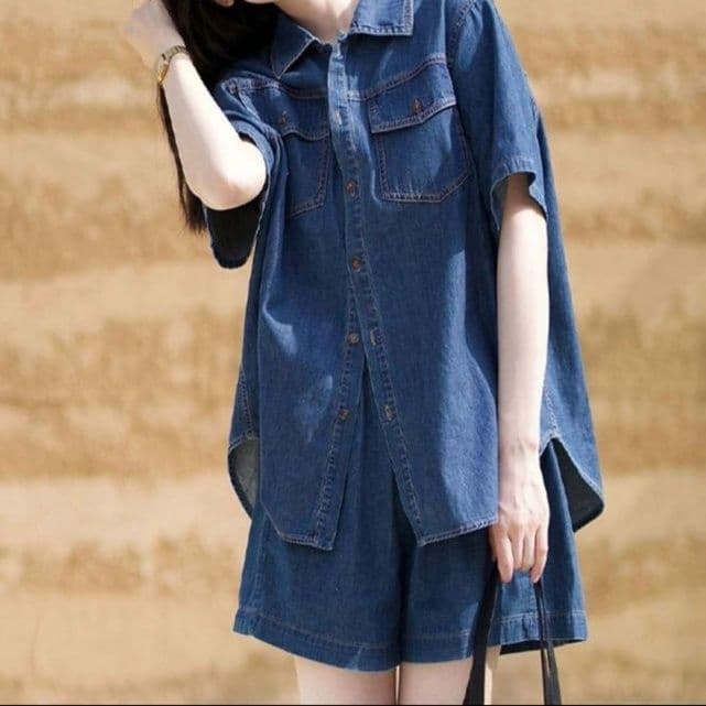デニムセットアップ 半袖シャツ+ショートパンツ 着回し万能 きれいめカジュアル上下セット