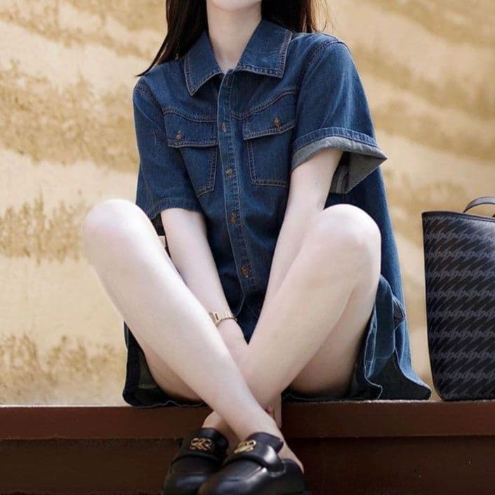 デニムセットアップ 半袖シャツ+ショートパンツ 着回し万能 きれいめカジュアル上下セット