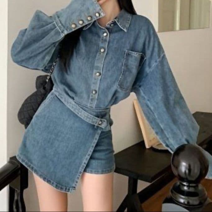 デニムセットアップ ゆったり長袖シャツ×ラップデザインスカパン 人とかぶらないレトロカジュアル2点セット