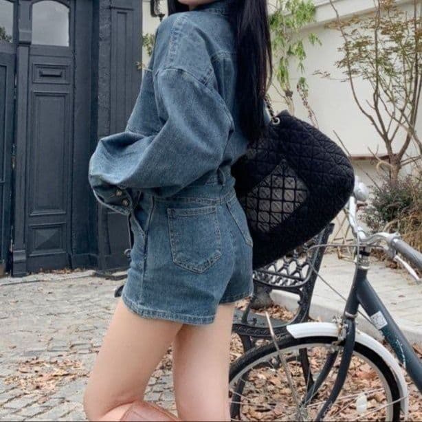 デニムセットアップ ゆったり長袖シャツ×ラップデザインスカパン 人とかぶらないレトロカジュアル2点セット