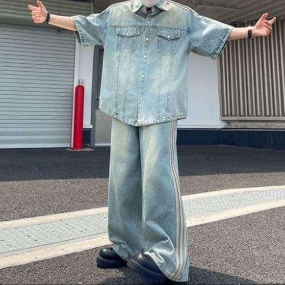 ウォッシュ加工半袖シャツ×ワイドパンツ メンズ向け ストライプ入りデニムセットアップ