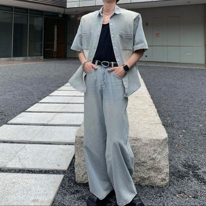 韓国風半袖デニムシャツ+ワイドパンツ メンズ向け ウォッシュ加工ゆったりカジュアルセットアップ(上下別売り)
