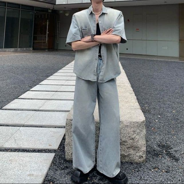 韓国風半袖デニムシャツ+ワイドパンツ メンズ向け ウォッシュ加工ゆったりカジュアルセットアップ(上下別売り)