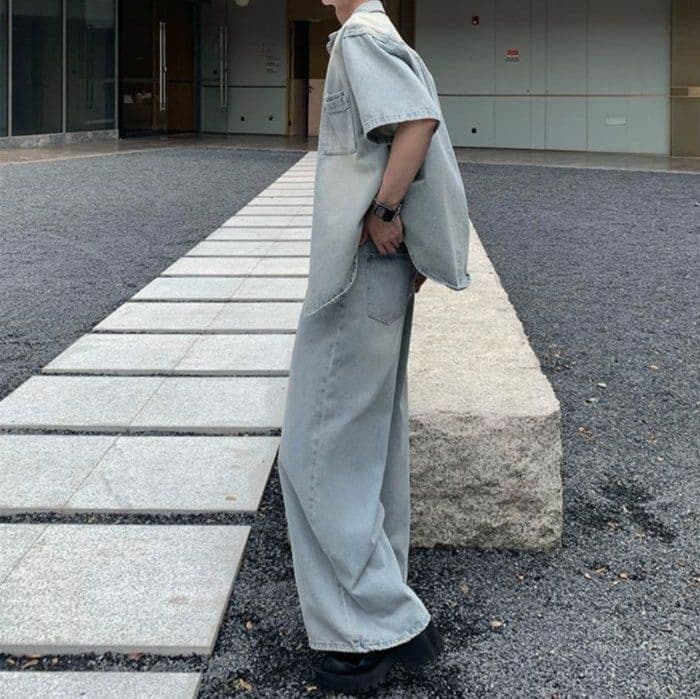 韓国風半袖デニムシャツ+ワイドパンツ メンズ向け ウォッシュ加工ゆったりカジュアルセットアップ(上下別売り)