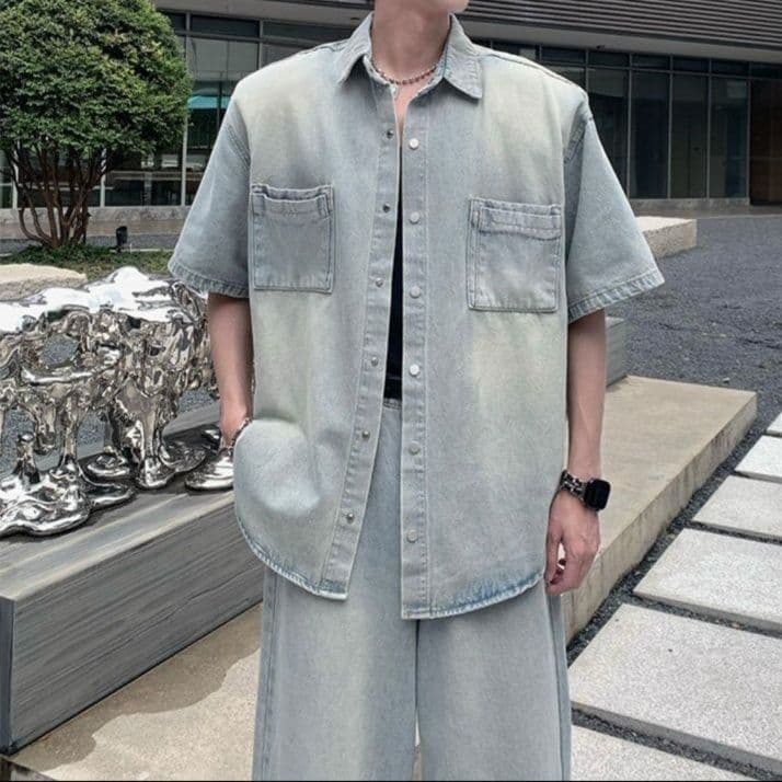 韓国風半袖デニムシャツ+ワイドパンツ メンズ向け ウォッシュ加工ゆったりカジュアルセットアップ(上下別売り)