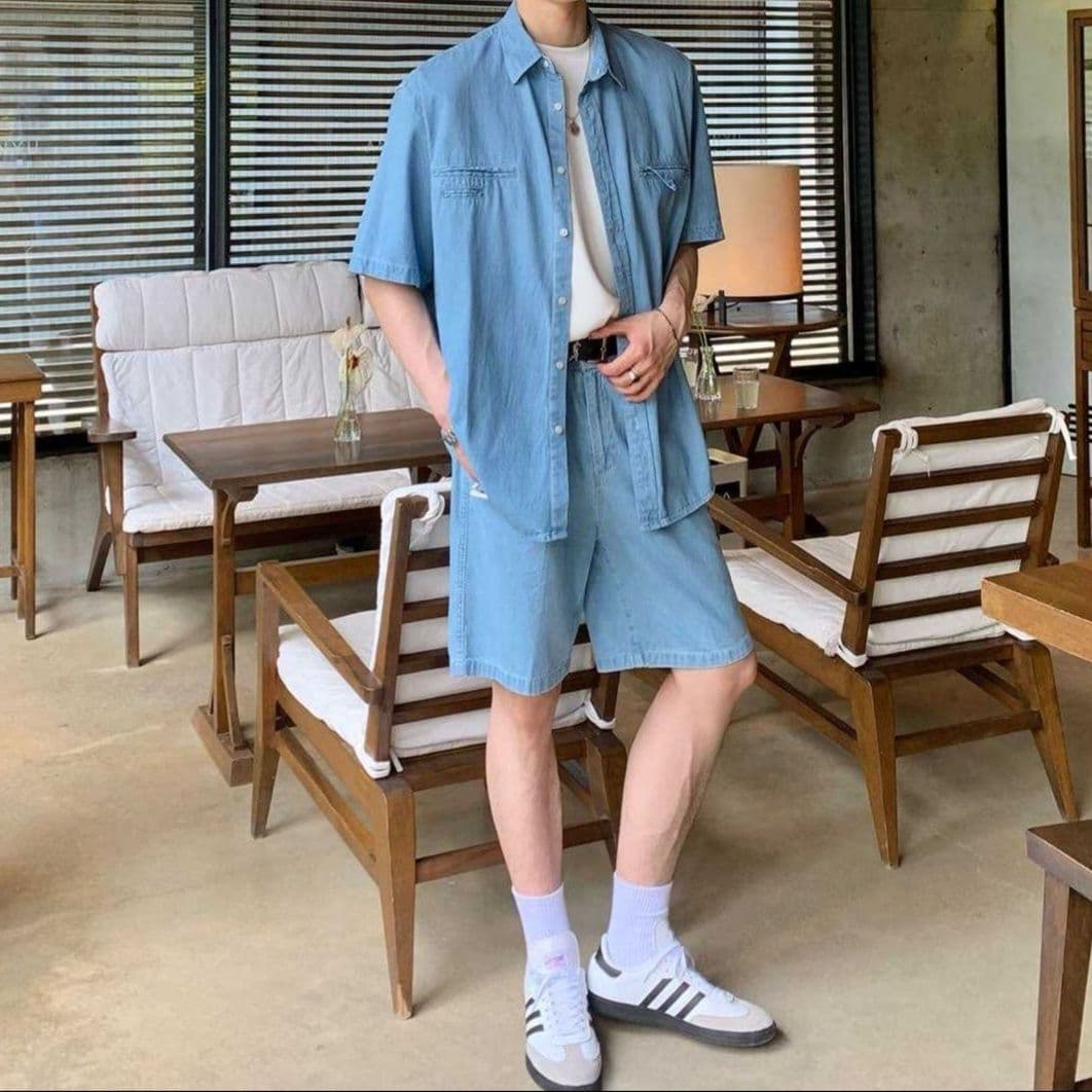 ワイドシルエット半袖シャツ&ハーフパンツ シンプル万能 メンズ夏向けデニムセットアップ(上下別売り)