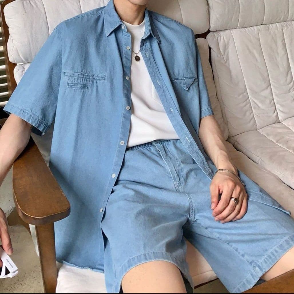 ワイドシルエット半袖シャツ&ハーフパンツ シンプル万能 メンズ夏向けデニムセットアップ(上下別売り)