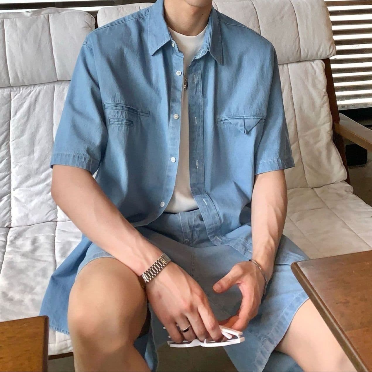 ワイドシルエット半袖シャツ&ハーフパンツ シンプル万能 メンズ夏向けデニムセットアップ(上下別売り)