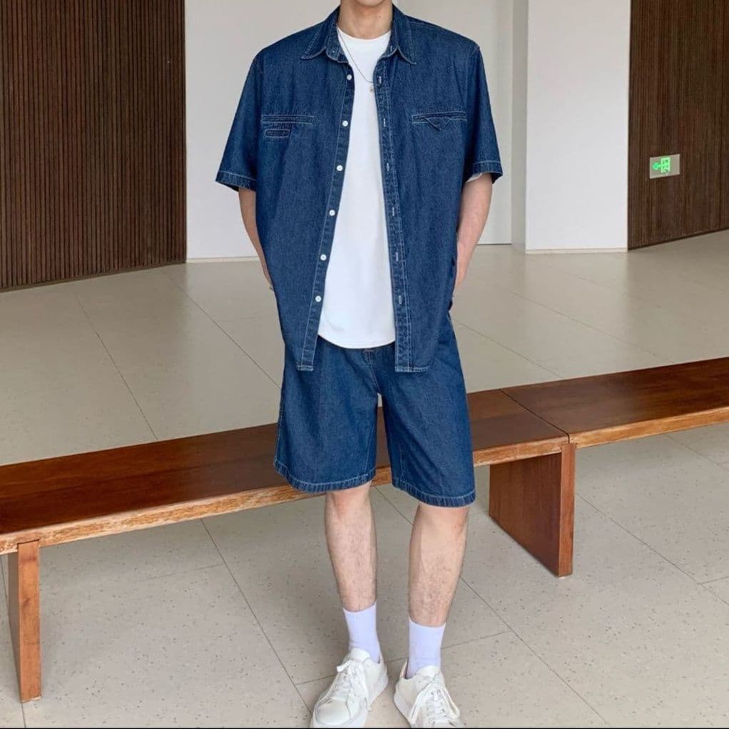 ワイドシルエット半袖シャツ&ハーフパンツ シンプル万能 メンズ夏向けデニムセットアップ(上下別売り)