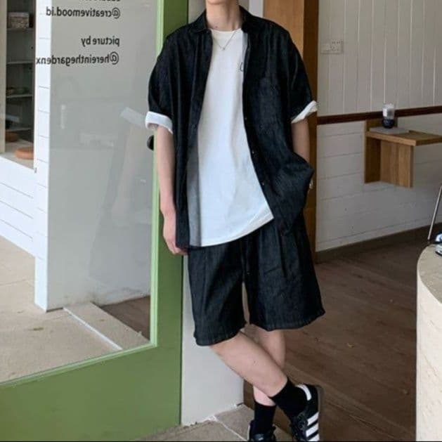 半袖デニムシャツ×ハーフパンツ メンズ夏向け 万能きれいめカジュアルセットアップ(上下別売り)