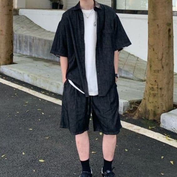 半袖デニムシャツ×ハーフパンツ メンズ夏向け 万能きれいめカジュアルセットアップ(上下別売り)