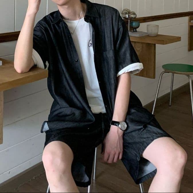 半袖デニムシャツ×ハーフパンツ メンズ夏向け 万能きれいめカジュアルセットアップ(上下別売り)