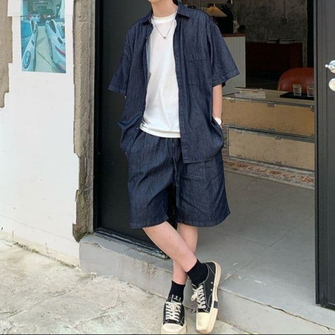 半袖デニムシャツ×ハーフパンツ メンズ夏向け 万能きれいめカジュアルセットアップ(上下別売り)