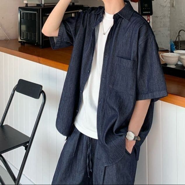 半袖デニムシャツ×ハーフパンツ メンズ夏向け 万能きれいめカジュアルセットアップ(上下別売り)