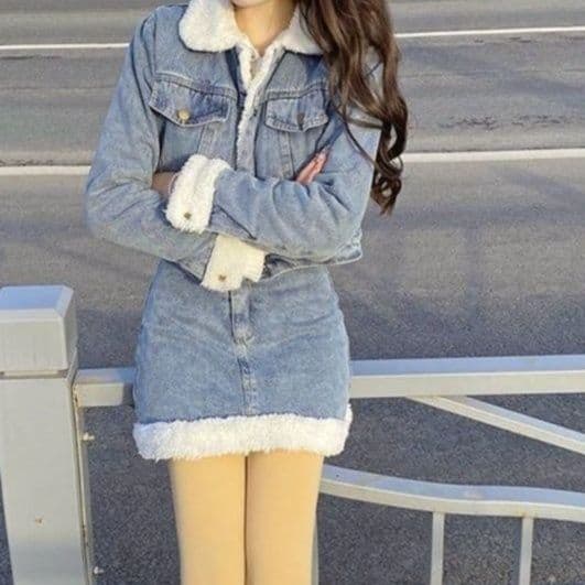 ボア装飾デニムショートジャケット&ハイウエストミニスカート あったか裏起毛 フェミかわ秋冬映えセットアップ
