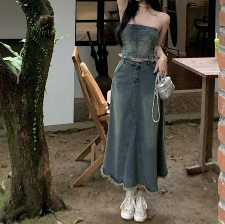 フリンジビスチェトップス&ハイウエストフレアロングスカート 大人可愛い ギャル系レトロデニムセットアップ(上下別売り)