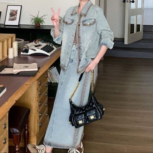 配色切替ゆったりデニムジャケット&Iラインロングスカート 香港レトロ風大人フェミニンセットアップ