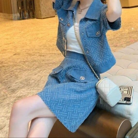 ショート丈半袖デニムジャケット&ミニスカート 大人可愛い 塩系高見えセットアップ