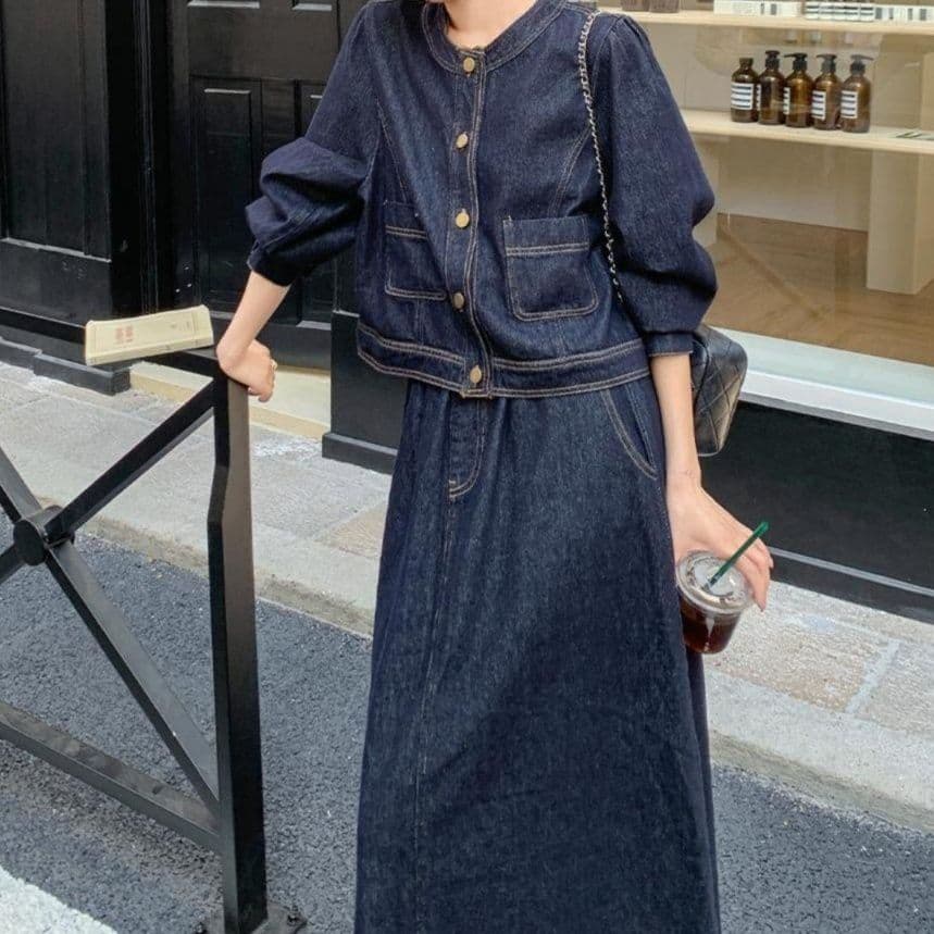 デニムセットアップ ノーカラージャケット&ハイウエストロングスカート 高級感漂うきれいめ万能2点セット