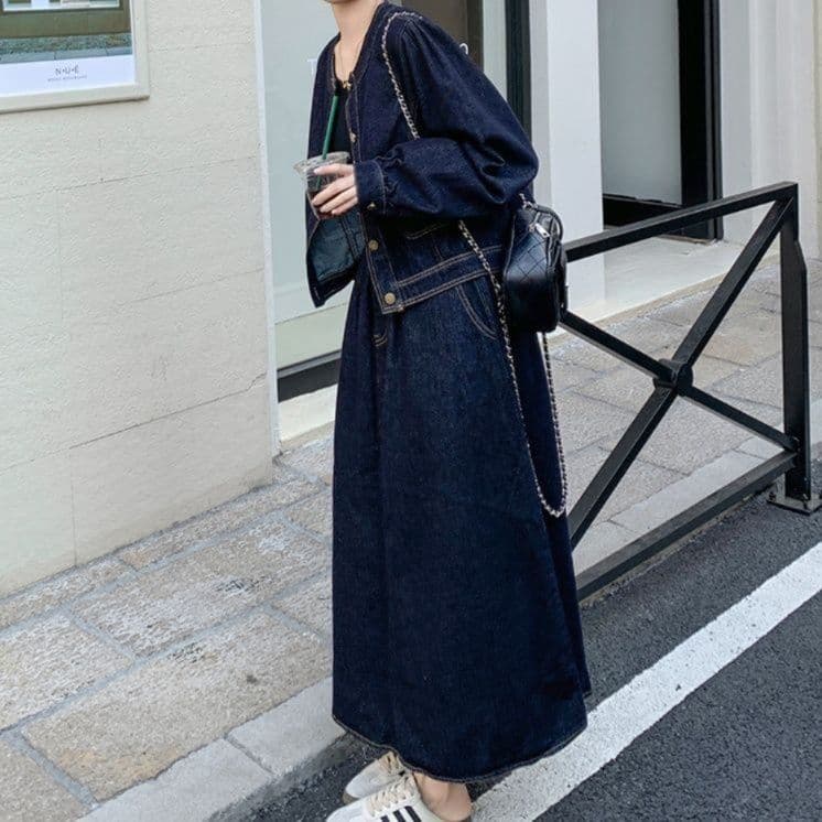 デニムセットアップ ノーカラージャケット&ハイウエストロングスカート 高級感漂うきれいめ万能2点セット